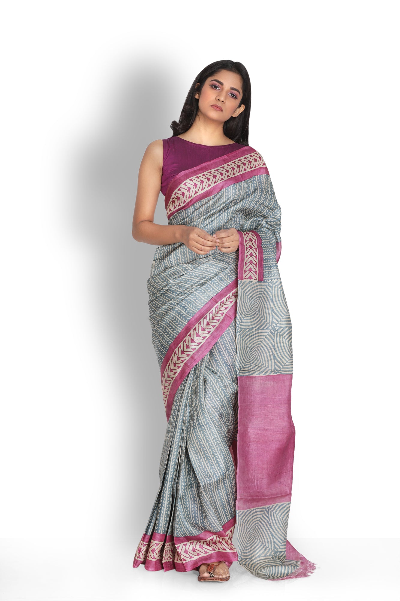 Cement Grey & Magenta Pink Color Tussar Saree