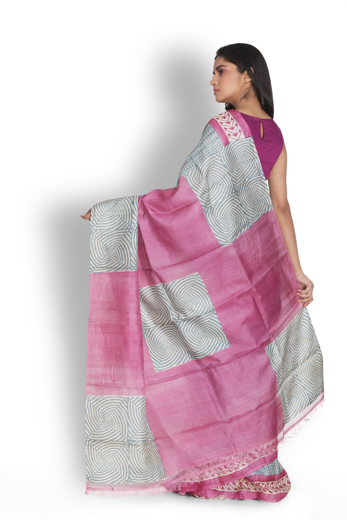 Cement Grey & Magenta Pink Color Tussar Saree
