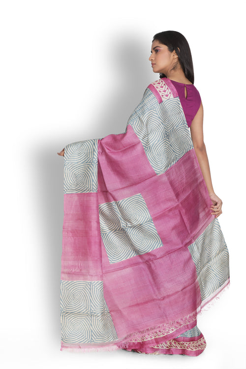 Cement Grey & Magenta Pink Color Tussar Saree