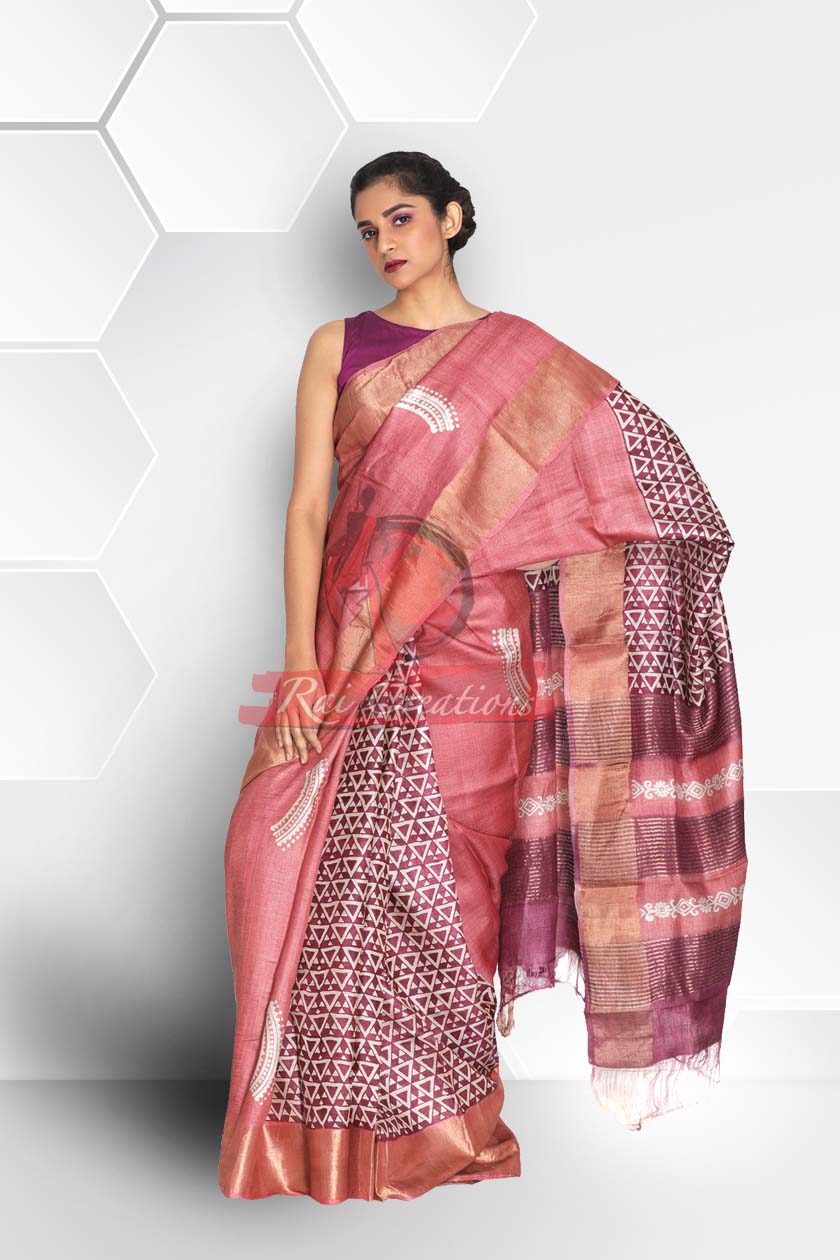 Peach & Magenta Block Printed Zari Tussar Saree