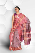 Peach & Magenta Block Printed Zari Tussar Saree