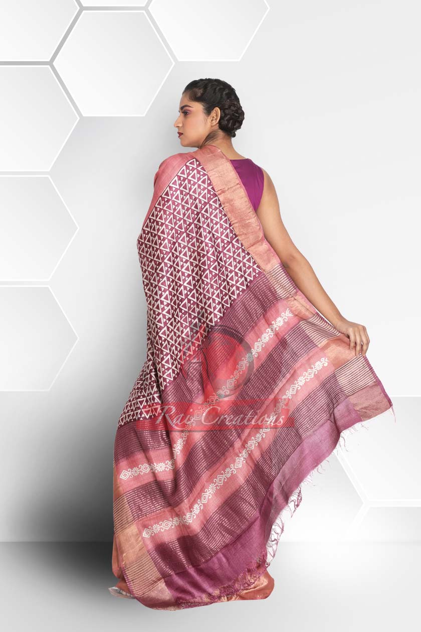 Peach & Magenta Block Printed Zari Tussar Saree