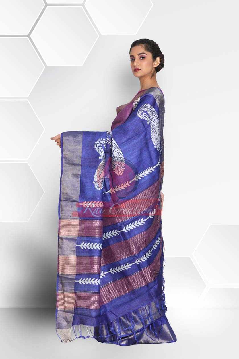 Magenta & Blue Block Printed Zari Border Tussar