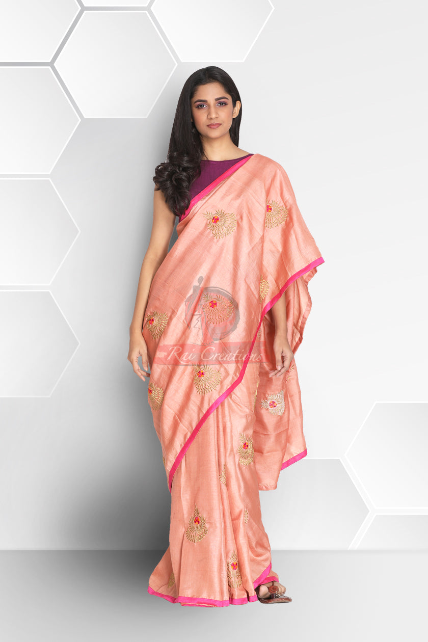 Pastel Peach Tussar Saree with Zari Embroidery