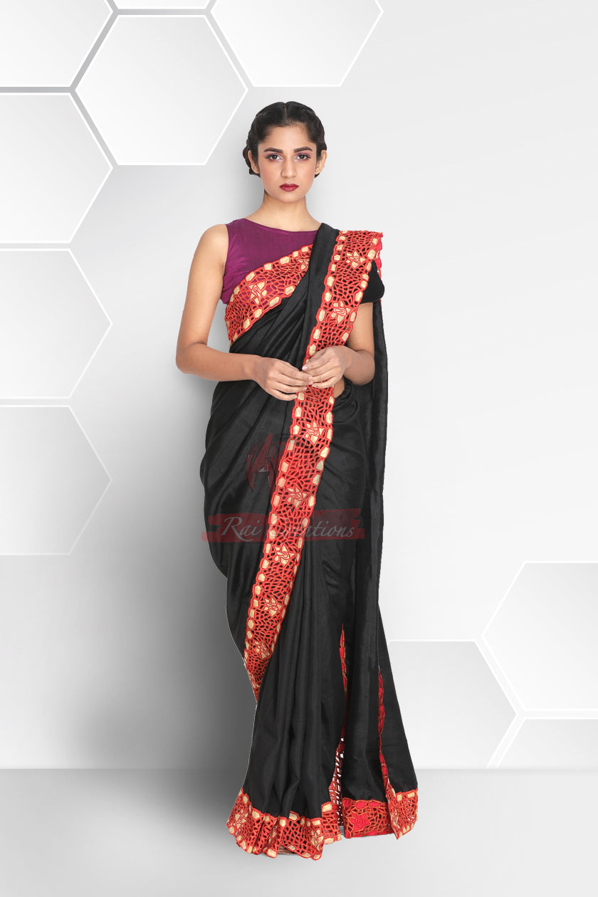 Black Body with Red Color Border Cutwork Saree