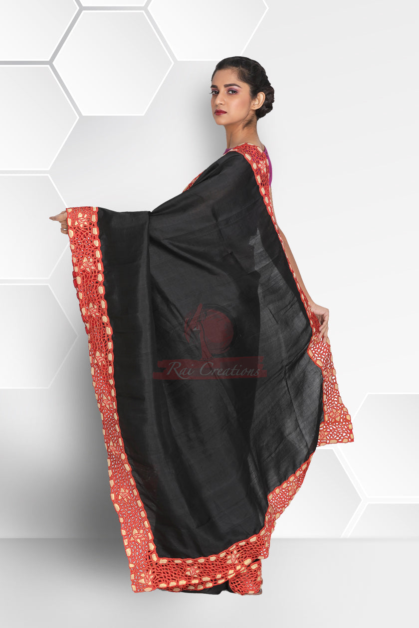 Black Body with Red Color Border Cutwork Saree