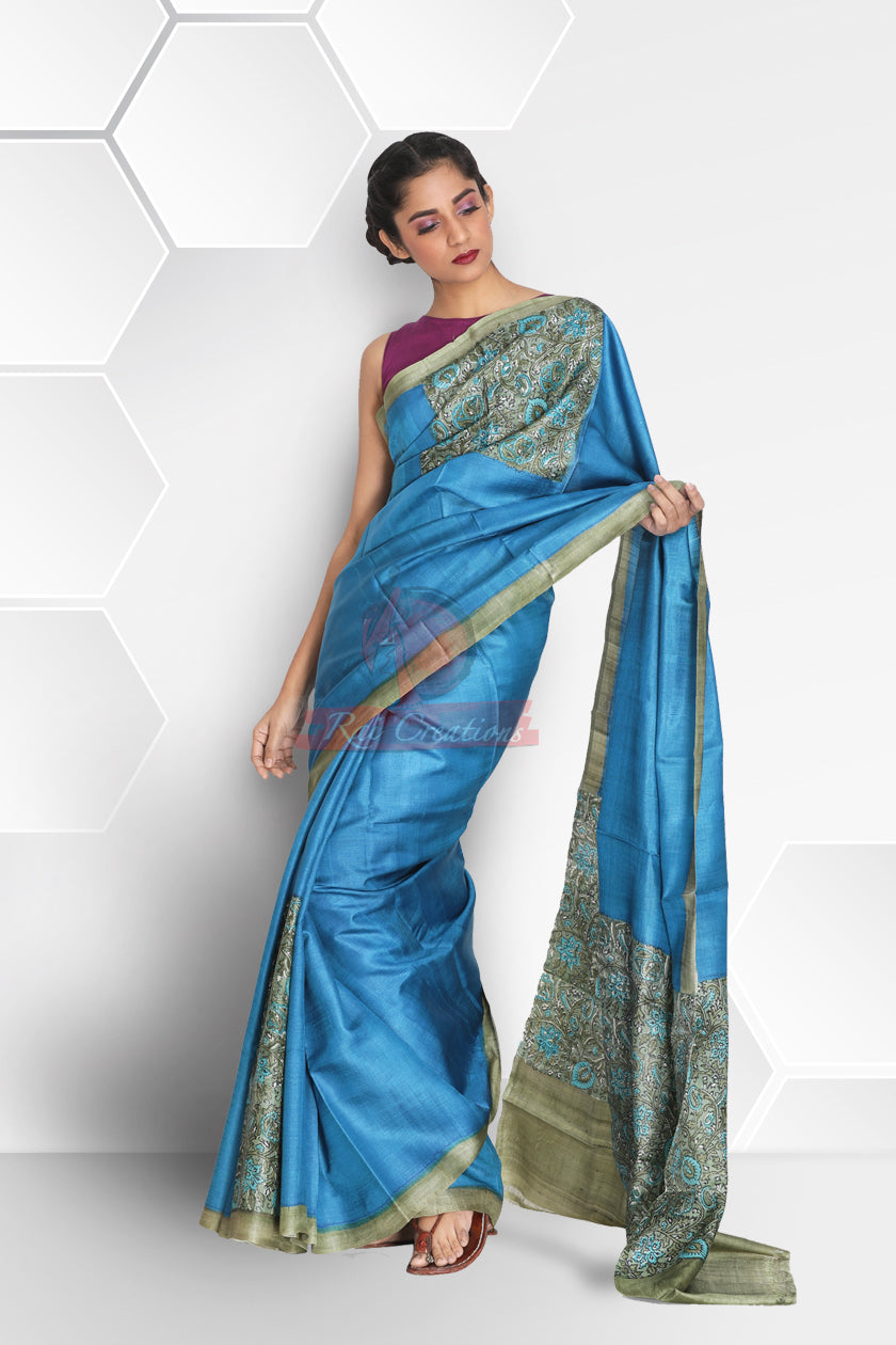 Turquoise Color Block Printed Tussar Silk