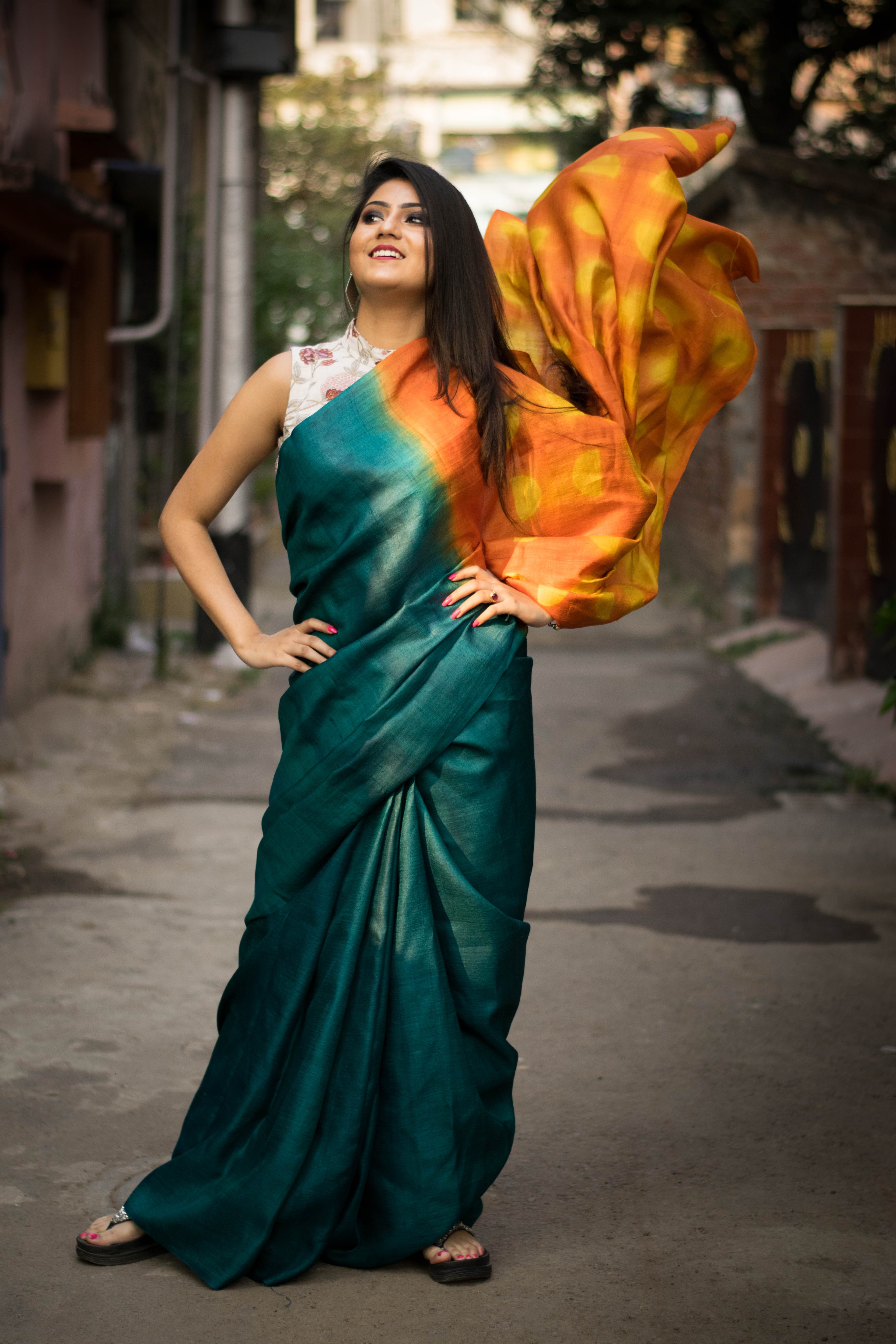 Teal & Sunset Orange Tussar Silk Saree with Artistic Pallu