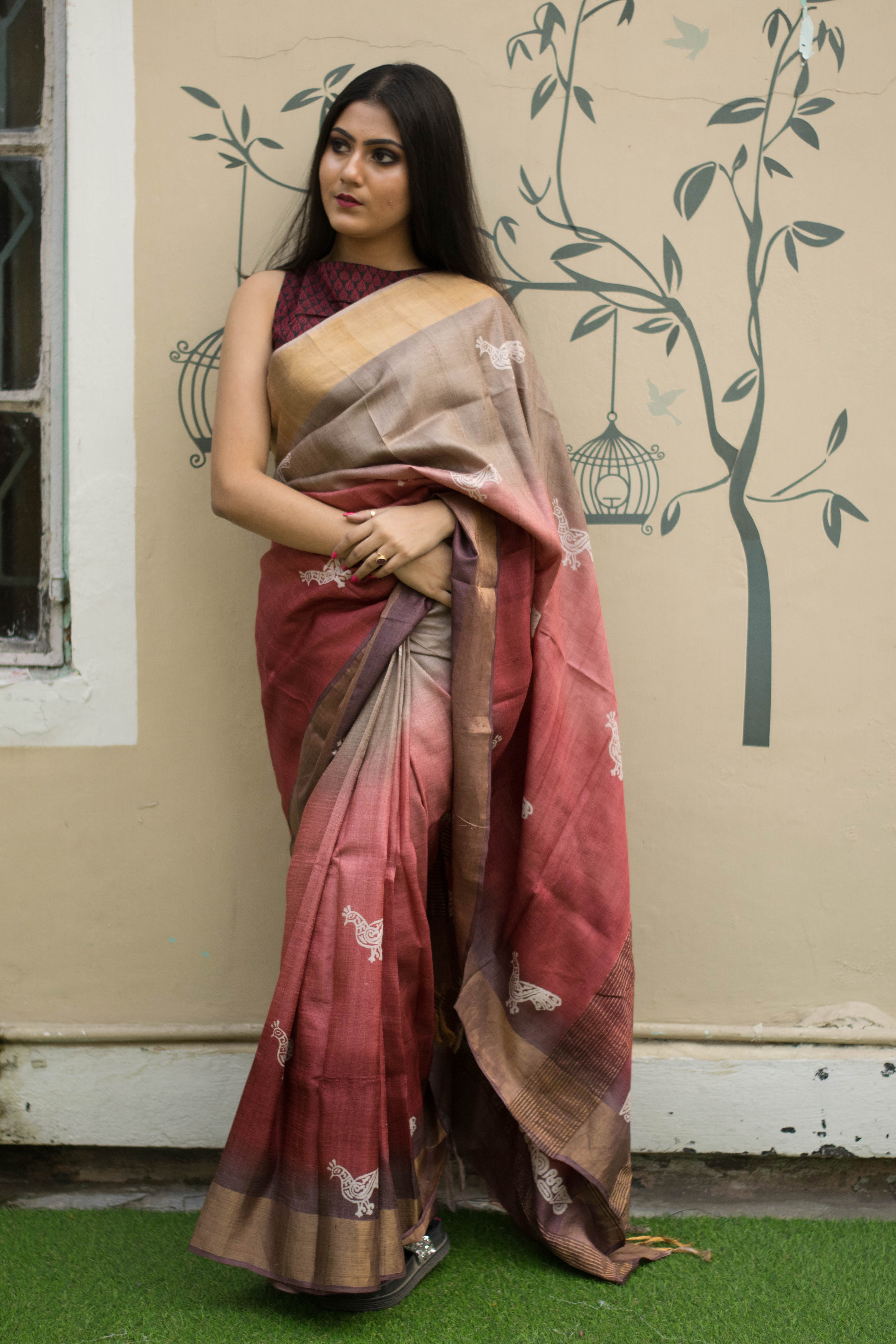 Ombre Rust & Mocha Tussar Silk Saree with Printd Motifs