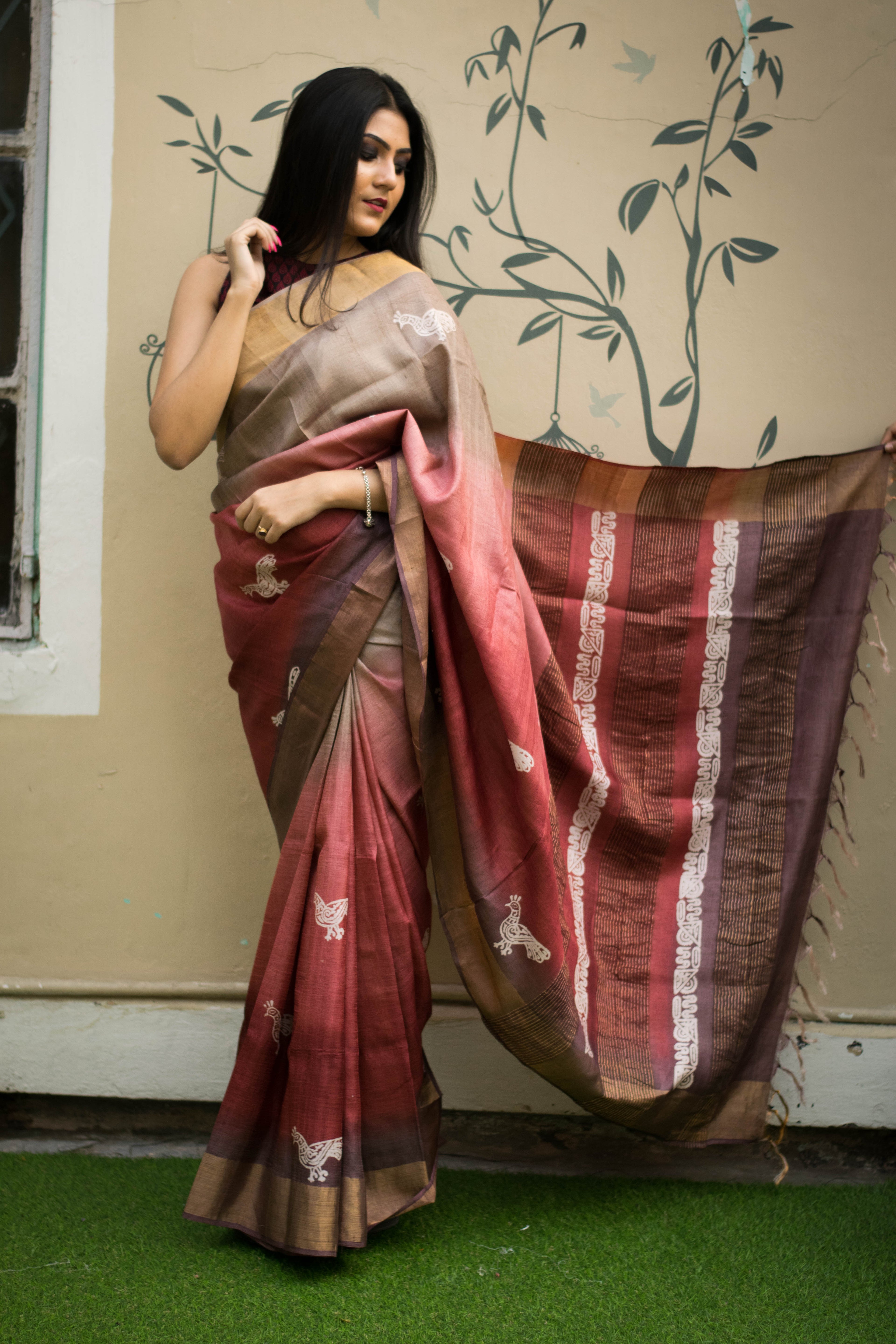 Ombre Rust & Mocha Tussar Silk Saree with Printd Motifs