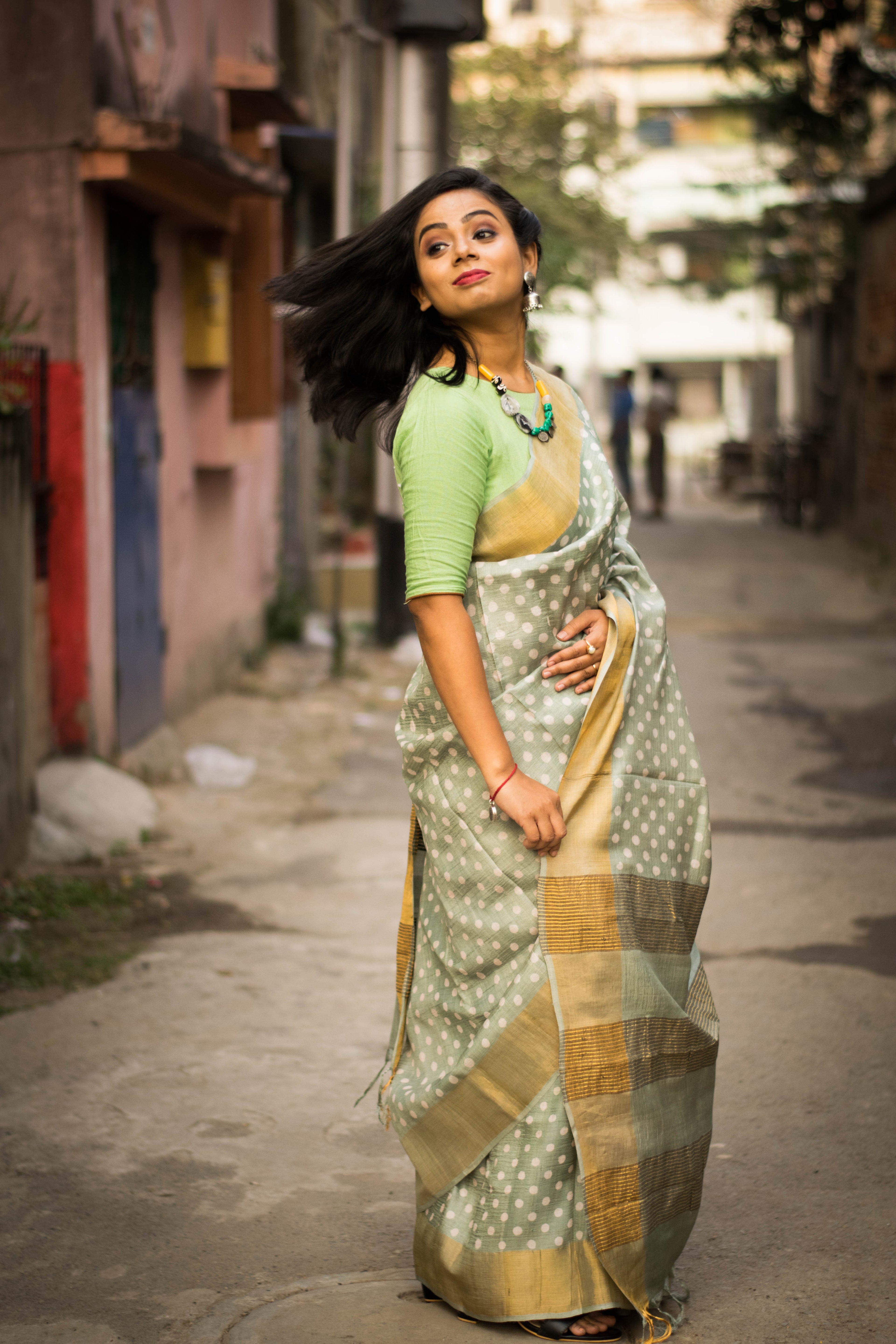 Sage Green Tussar Silk Saree with Polka Dots & Zari Border