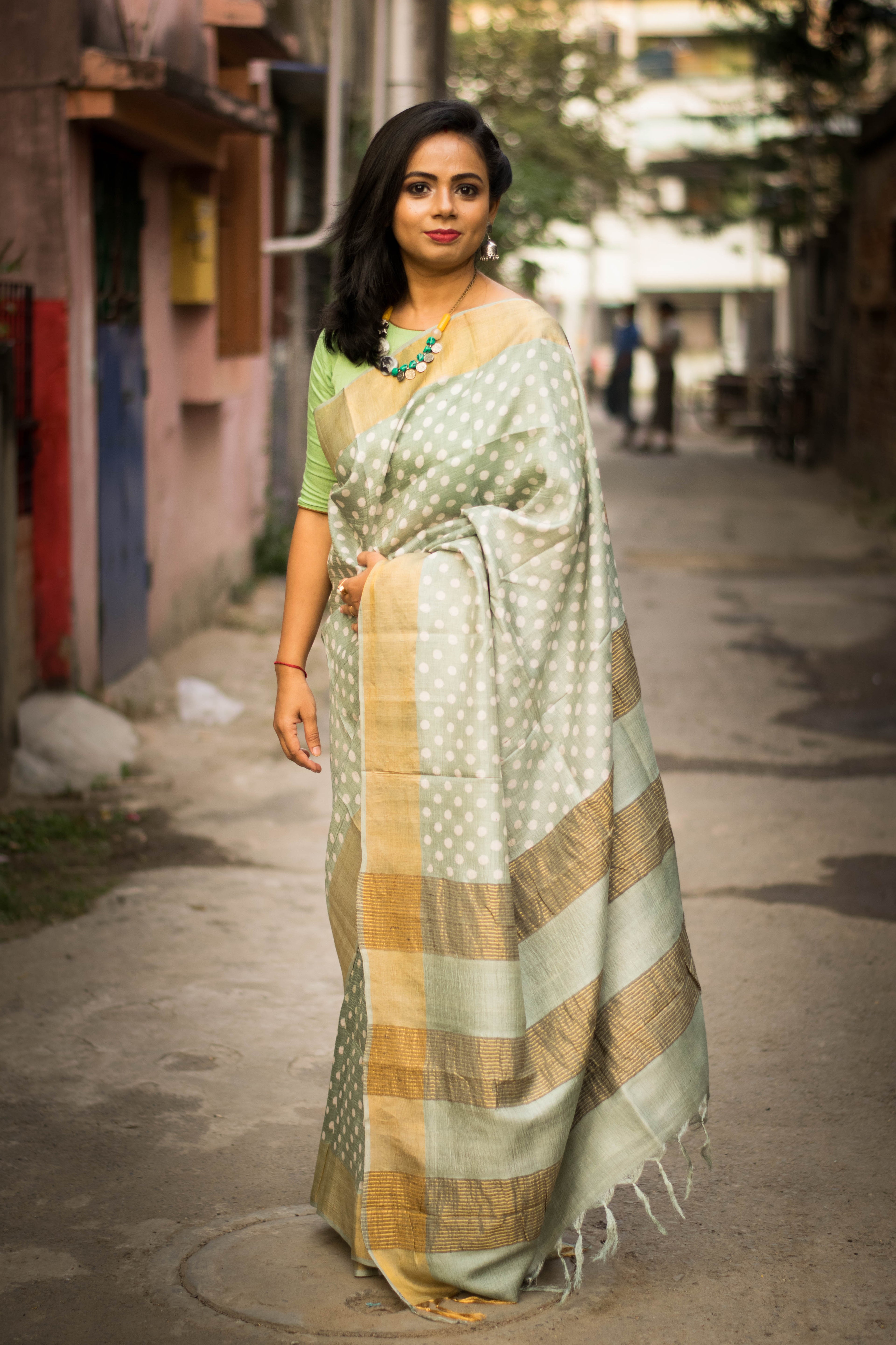 Sage Green Tussar Silk Saree with Polka Dots & Zari Border