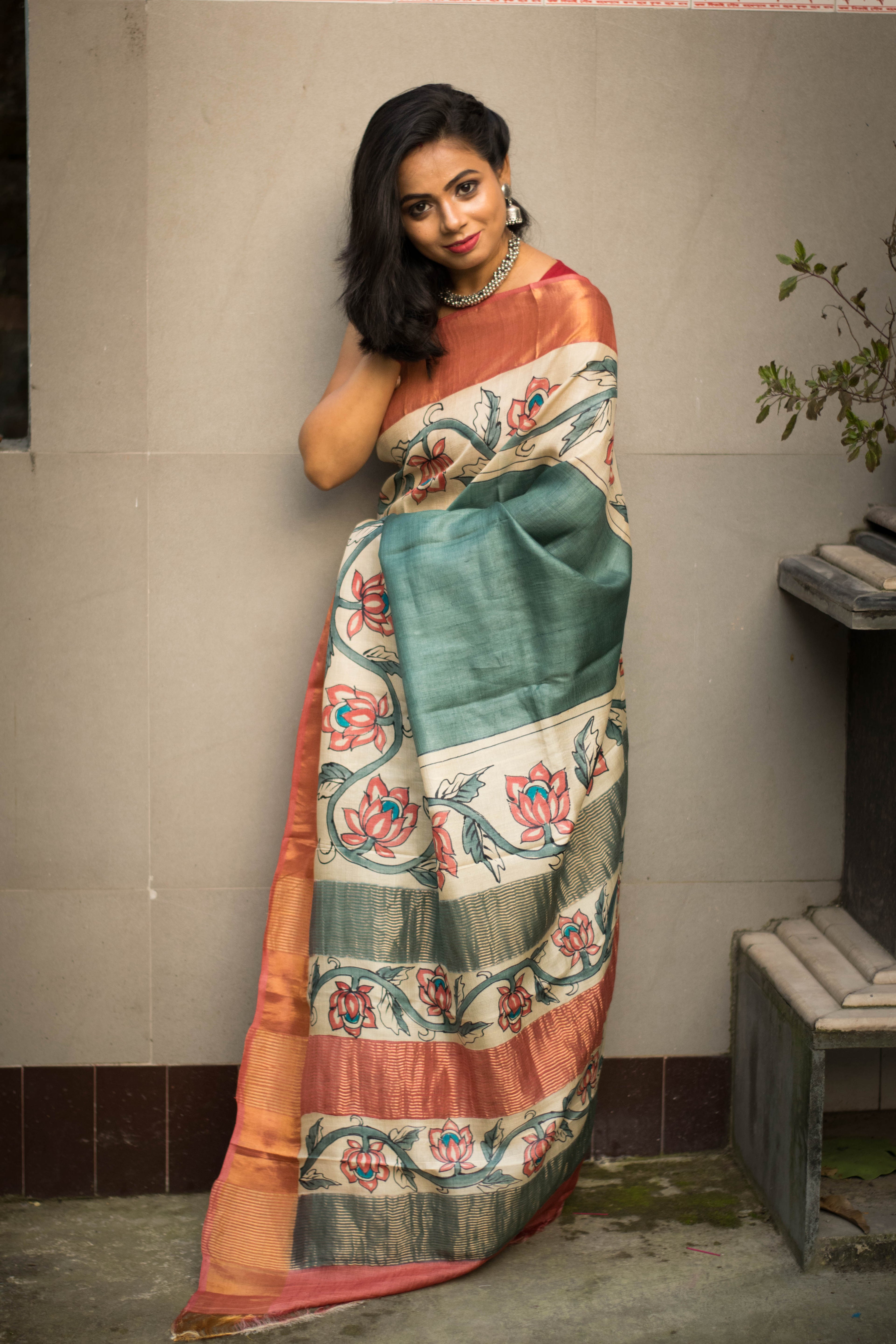 Hand Painted Kalamkari Border Sage Green Colour Zari Tussar