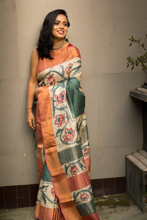 Hand Painted Kalamkari Border Sage Green Colour Zari Tussar