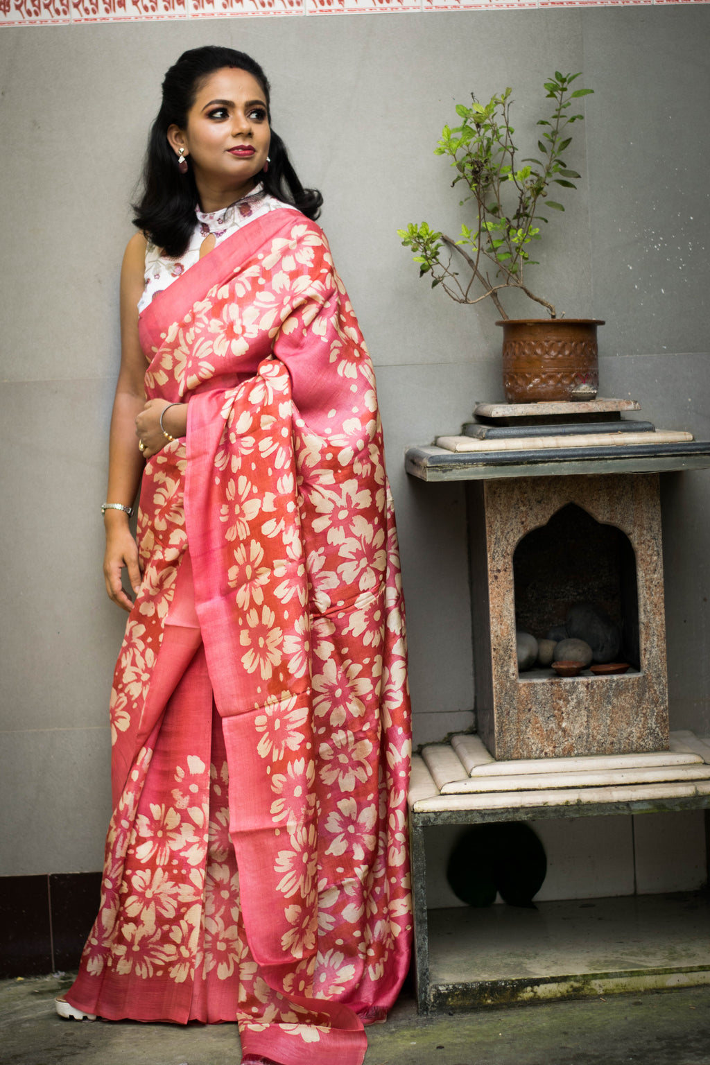 Peach Color Hand Painted Tussar