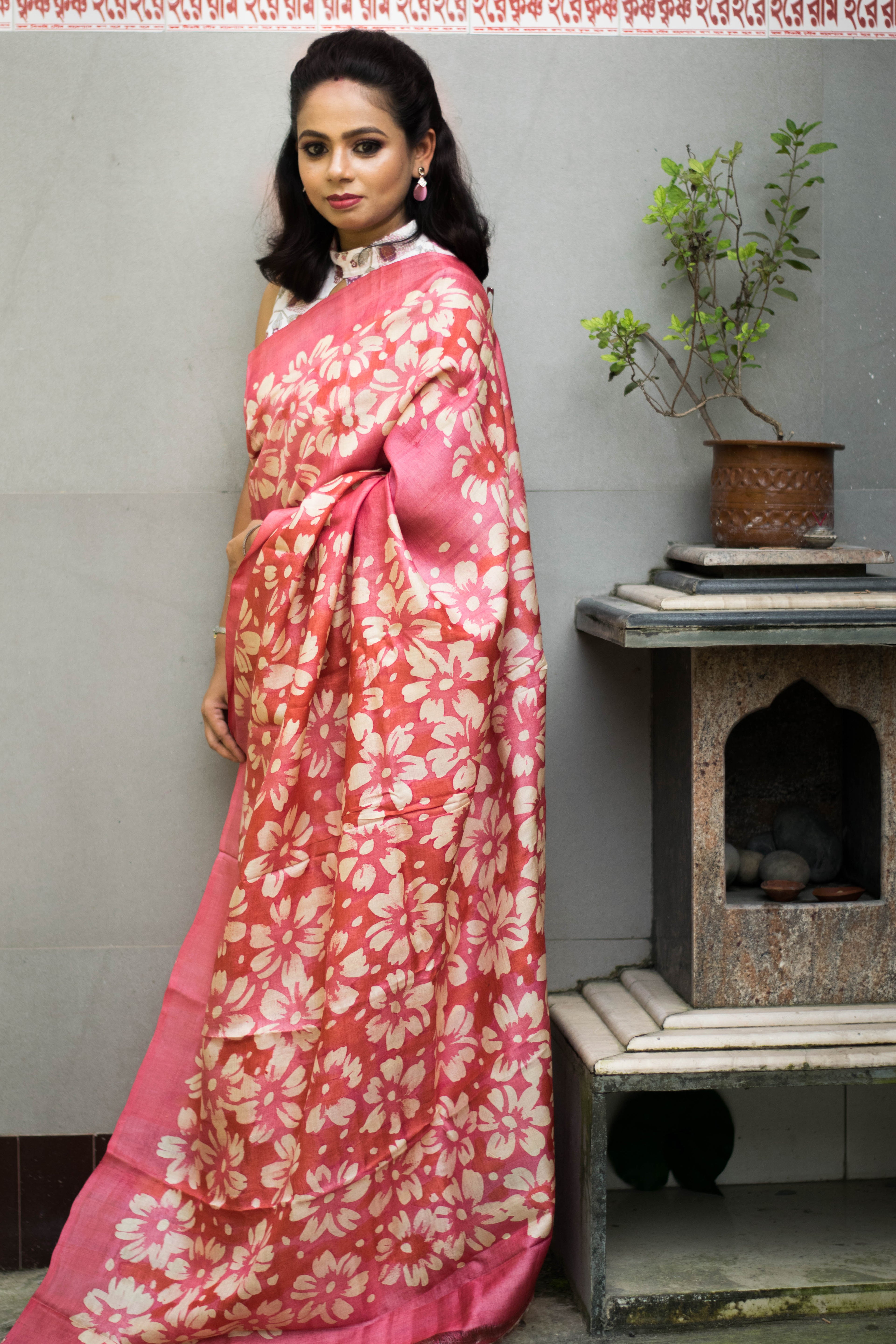 Peach Color Hand Painted Tussar