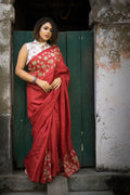 Dark Red Color Tussar Cutwork Saree
