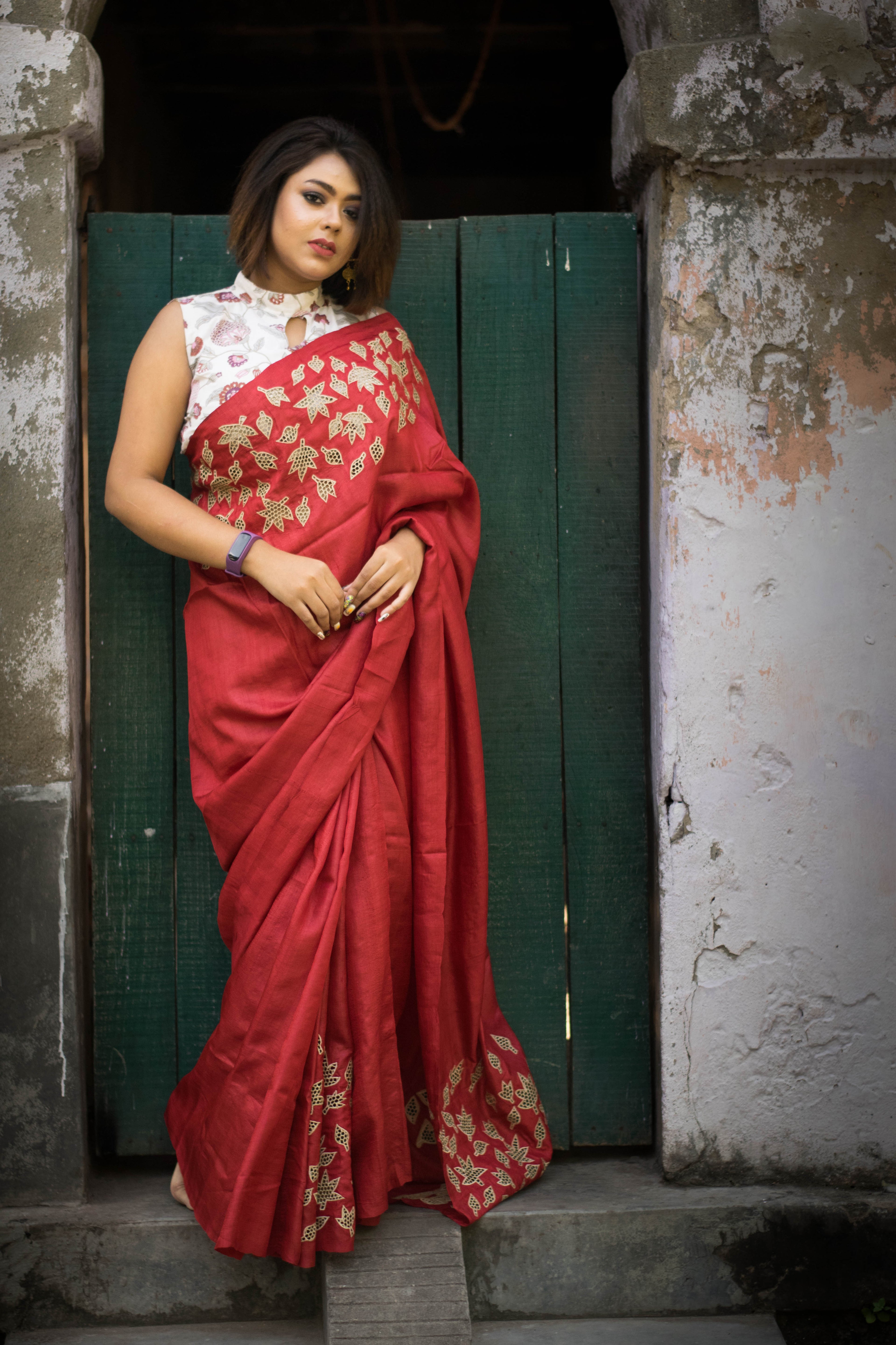 Dark Red Color Tussar Cutwork Saree