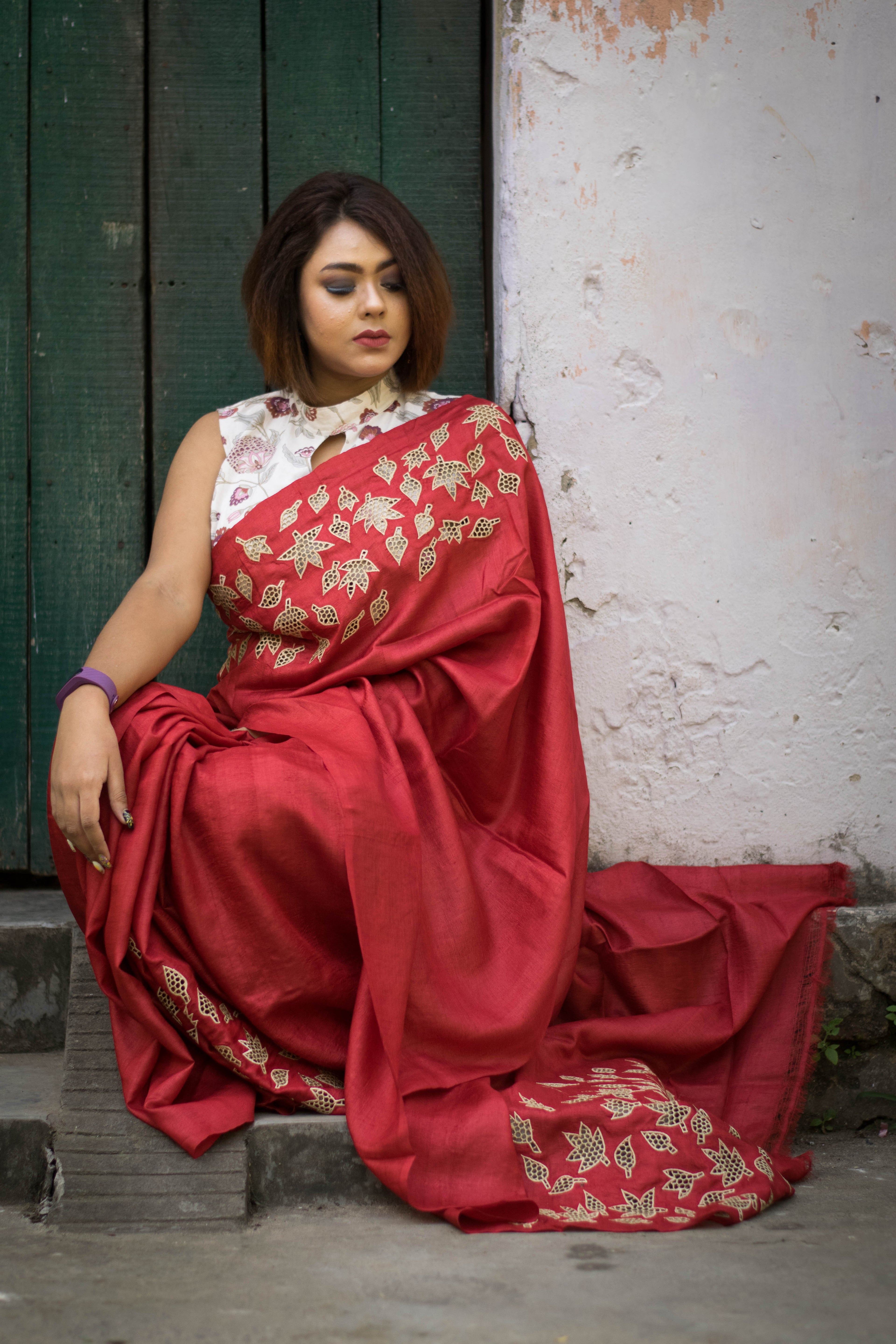 Dark Red Color Tussar Cutwork Saree