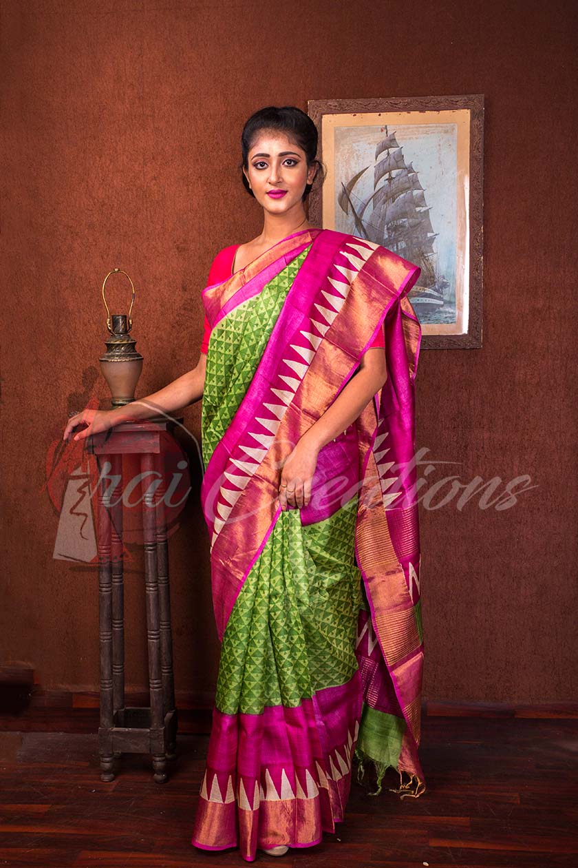 Parrot Green Rani Pink Zari Tussar Saree