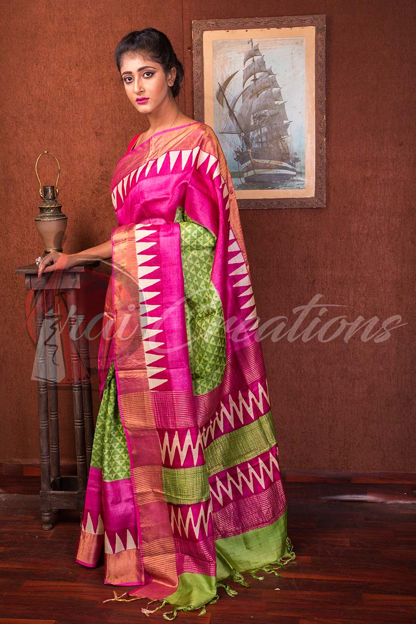 Parrot Green Rani Pink Zari Tussar Saree