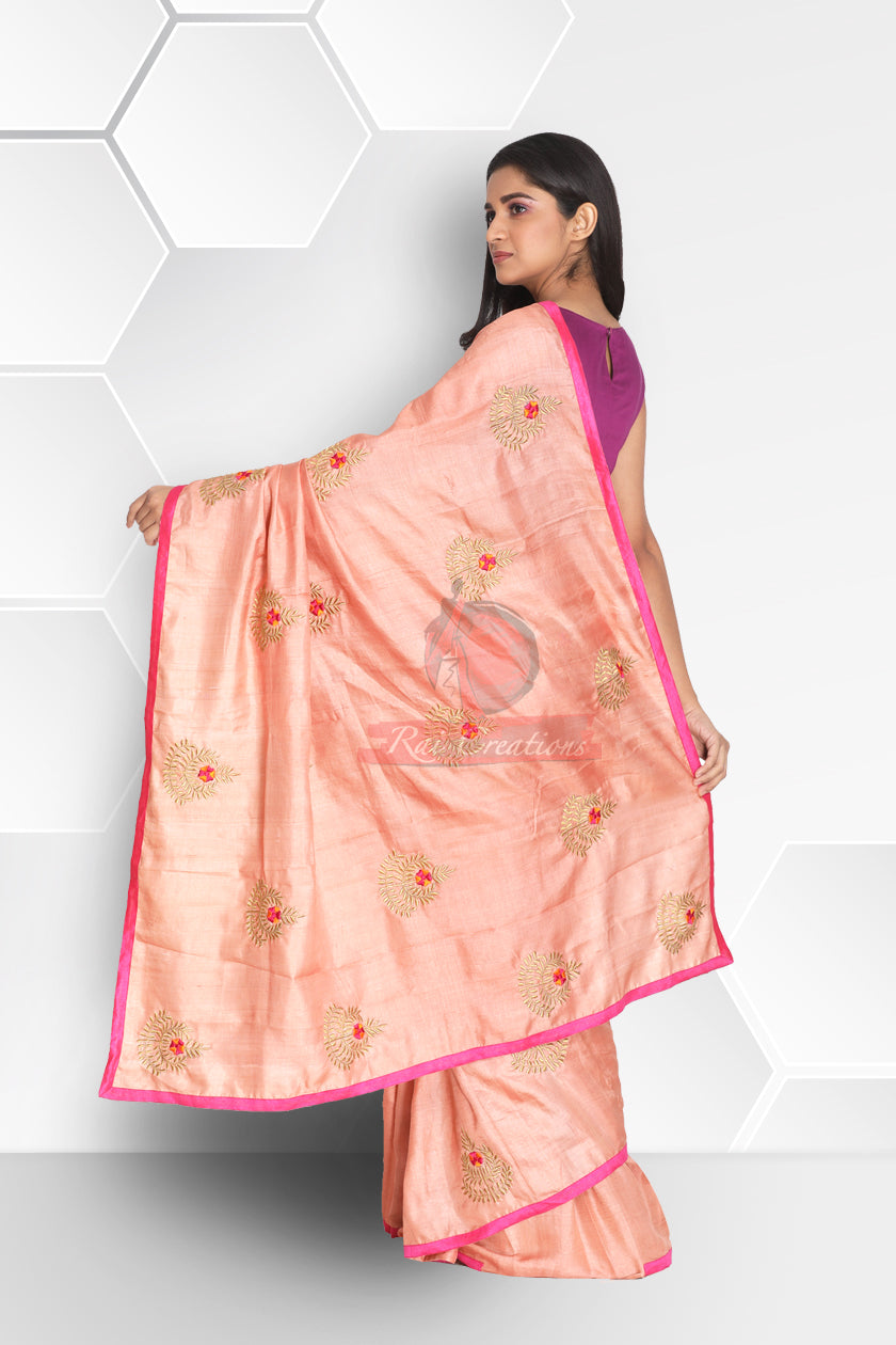 Pastel Peach Tussar Saree with Zari Embroidery
