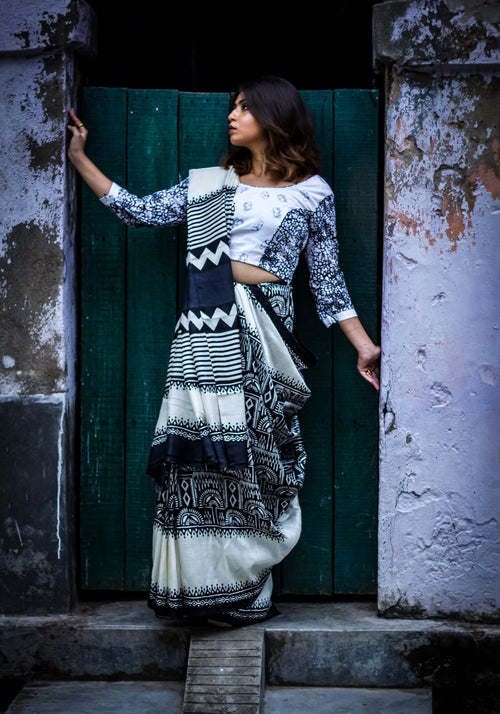 Black & White Printed Silk Saree