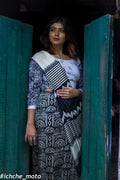 Black & White Printed Silk Saree