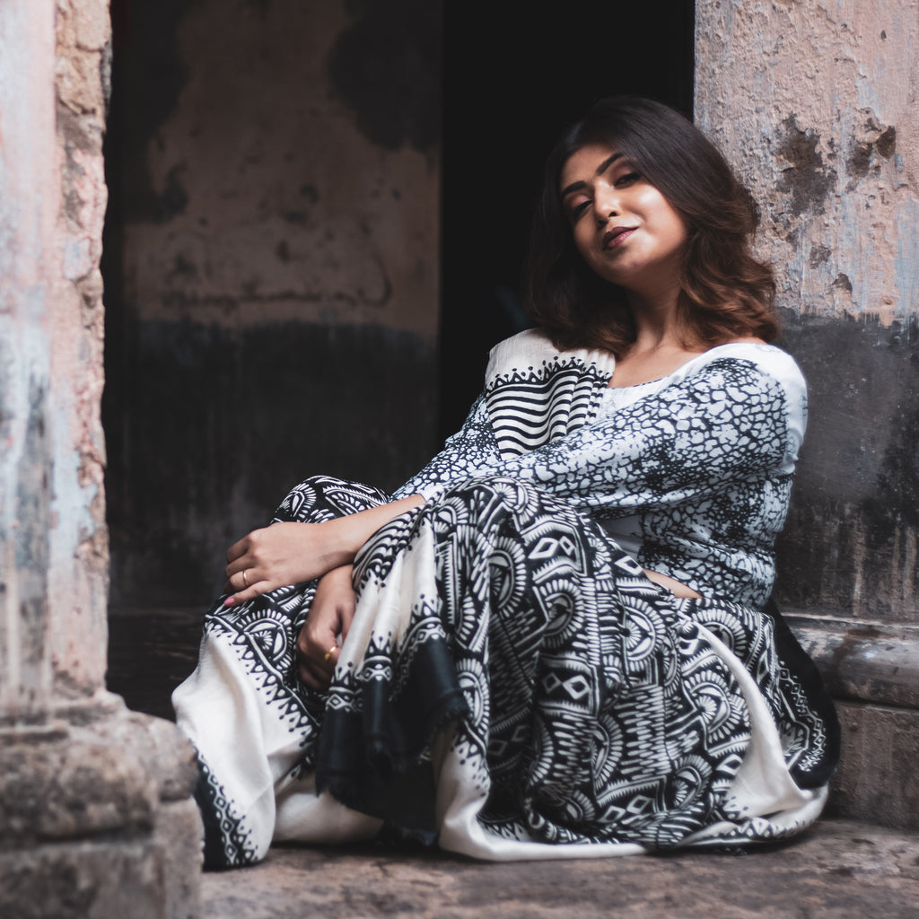 Black & White Printed Silk Saree