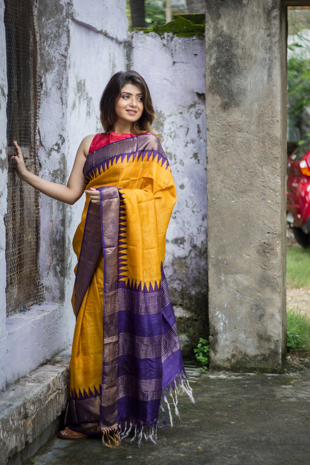 Yellow & Dark violet Zari Tussar