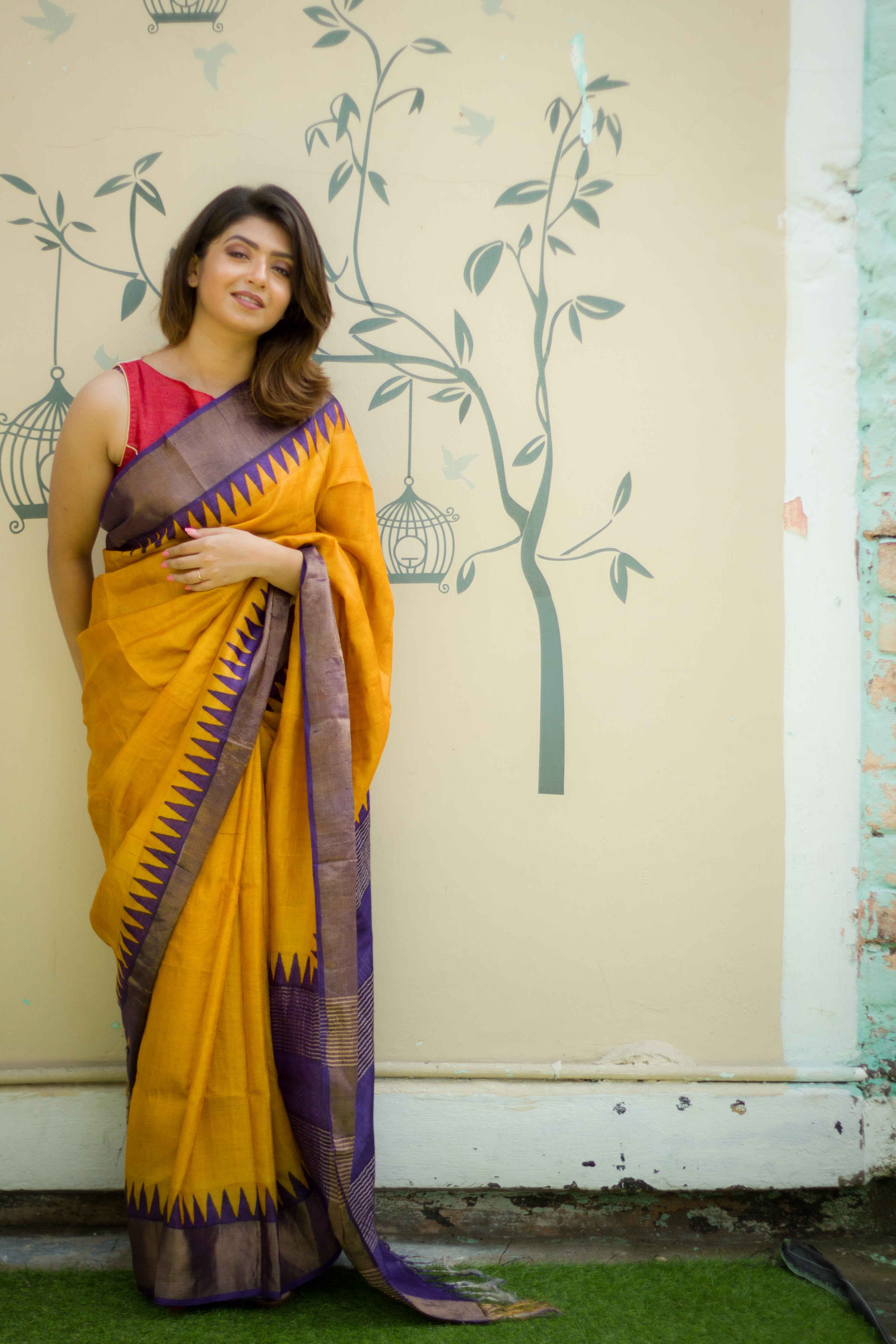 Yellow & Dark violet Zari Tussar