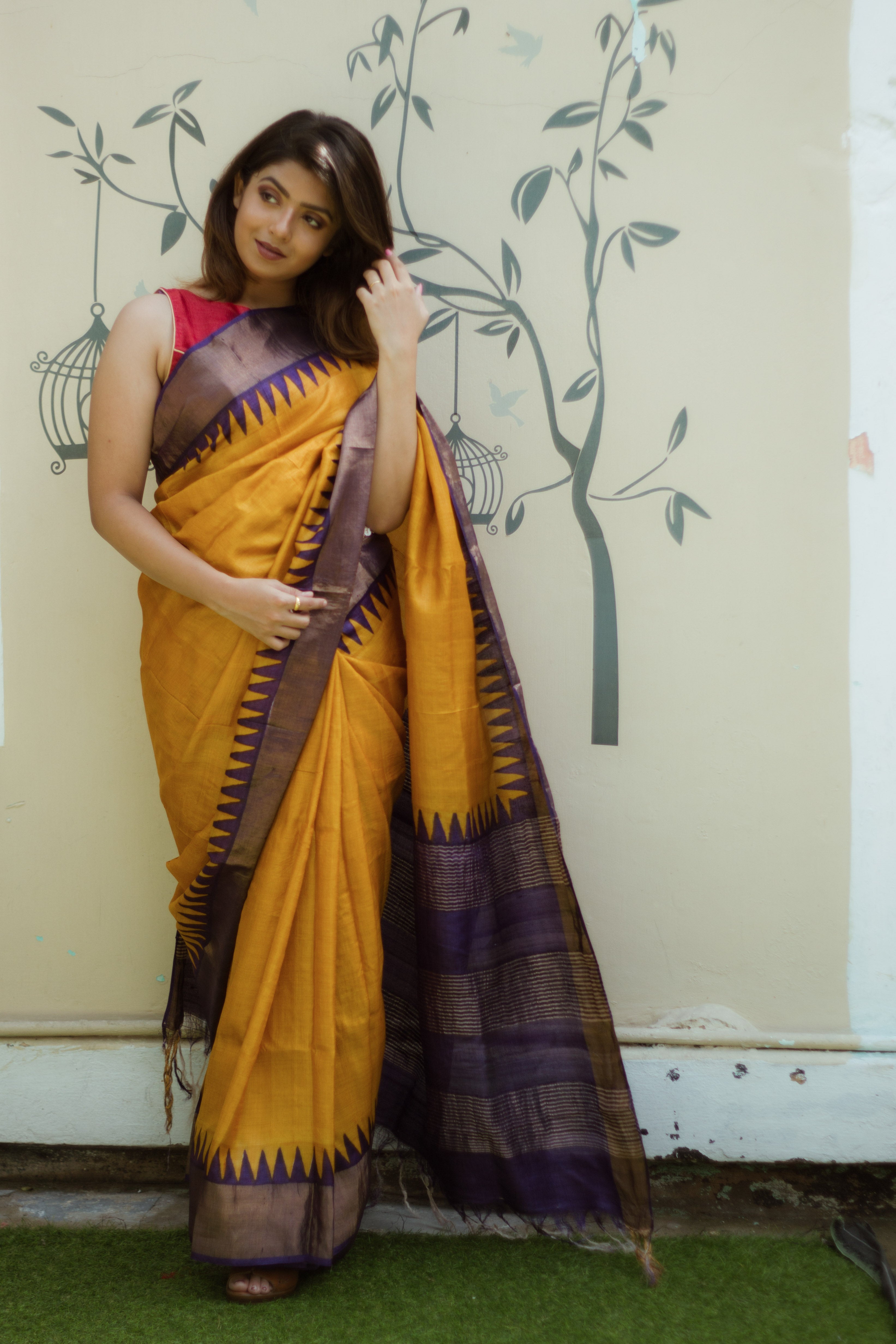 Yellow & Dark violet Zari Tussar