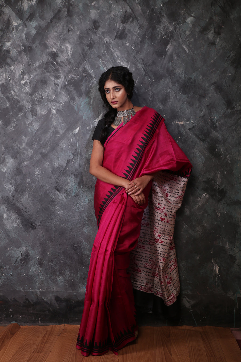 Hot Pink Silk Script Printed Saree