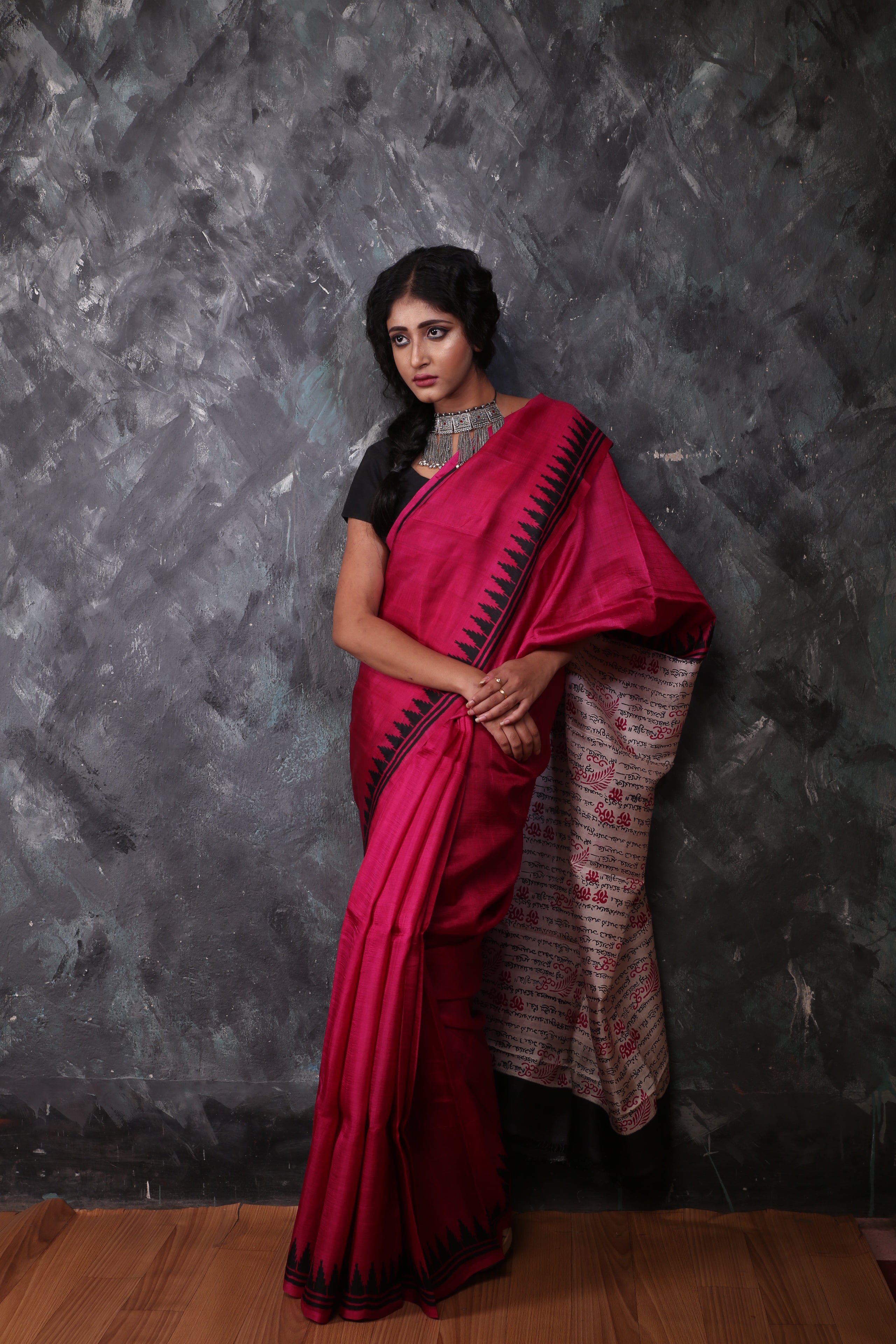 Hot Pink Silk Script Printed Saree
