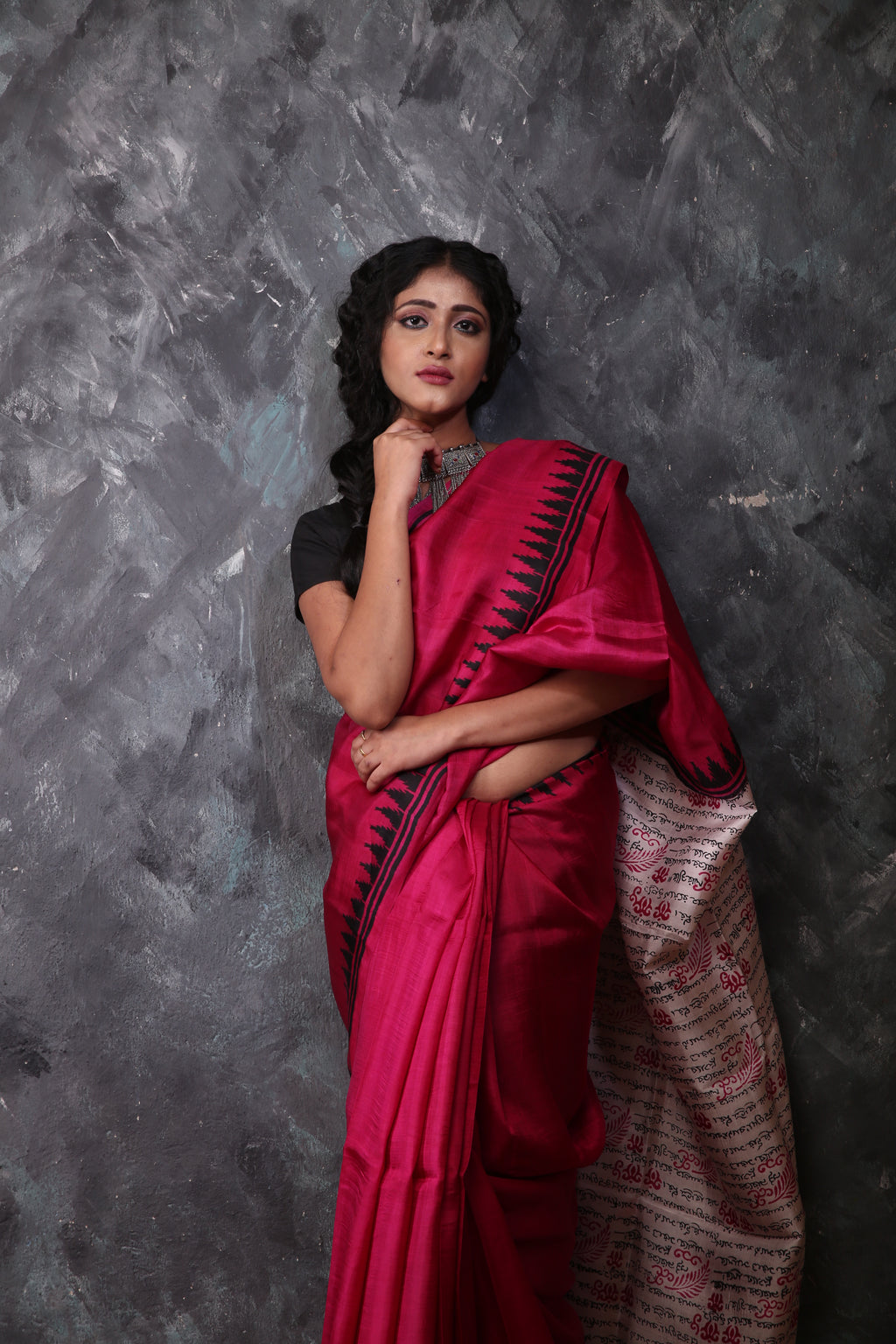 Hot Pink Silk Script Printed Saree