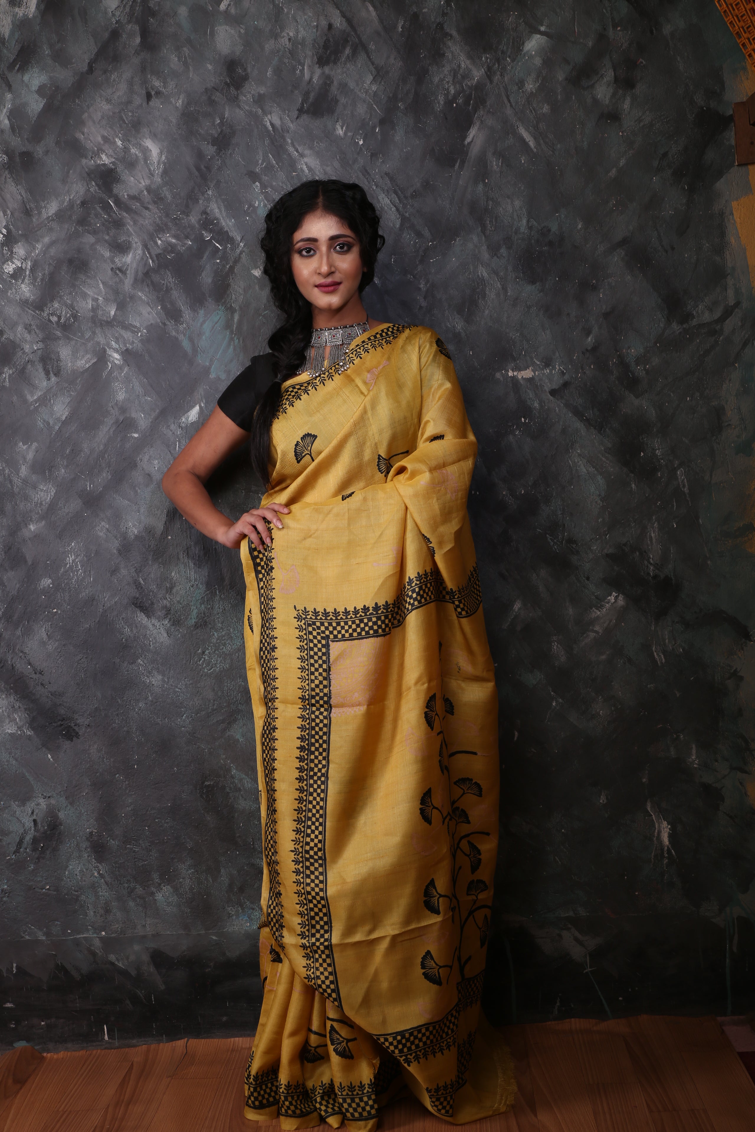 Mustard Yellow Color Tussar saree with black prints