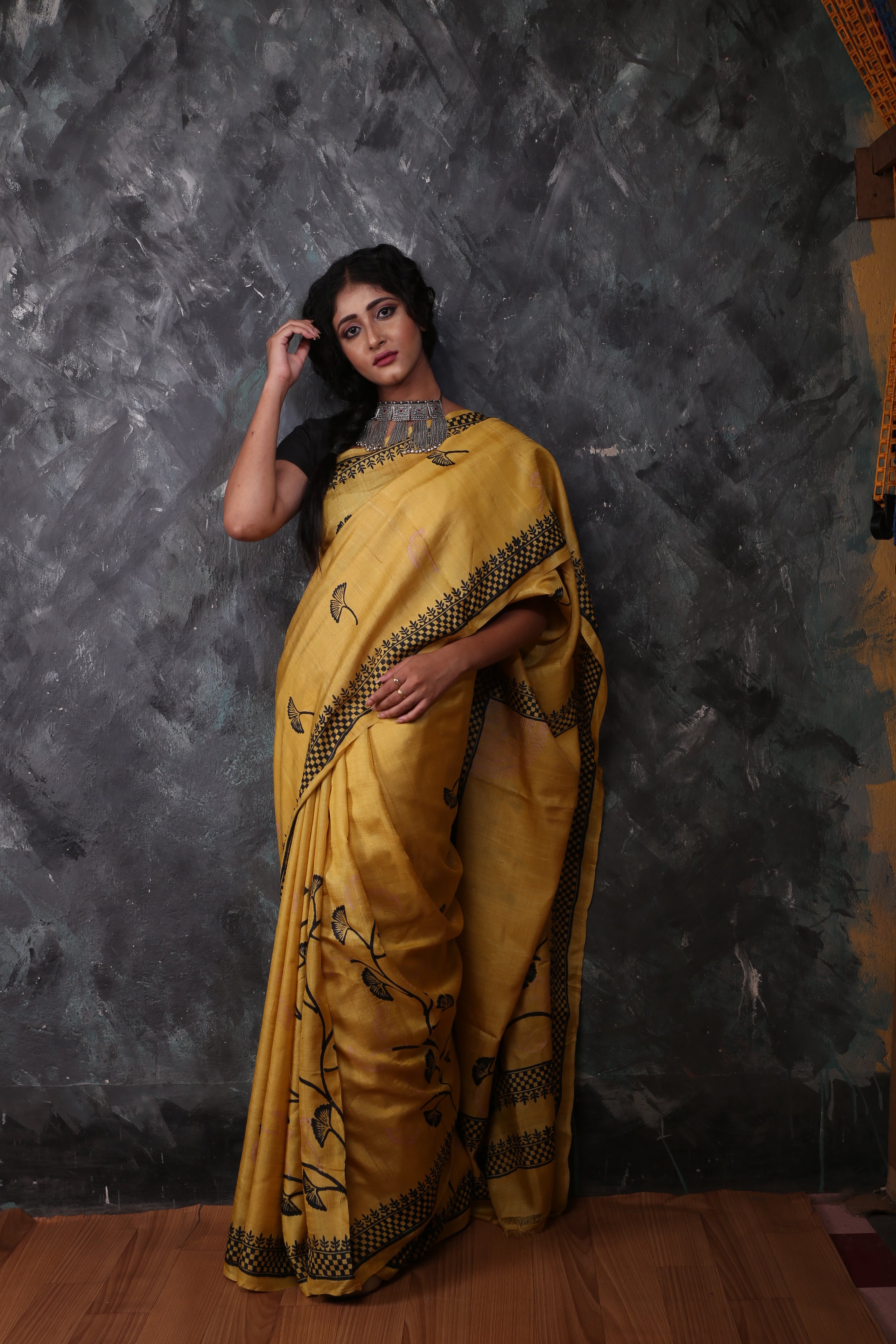 Mustard Yellow Color Tussar saree with black prints