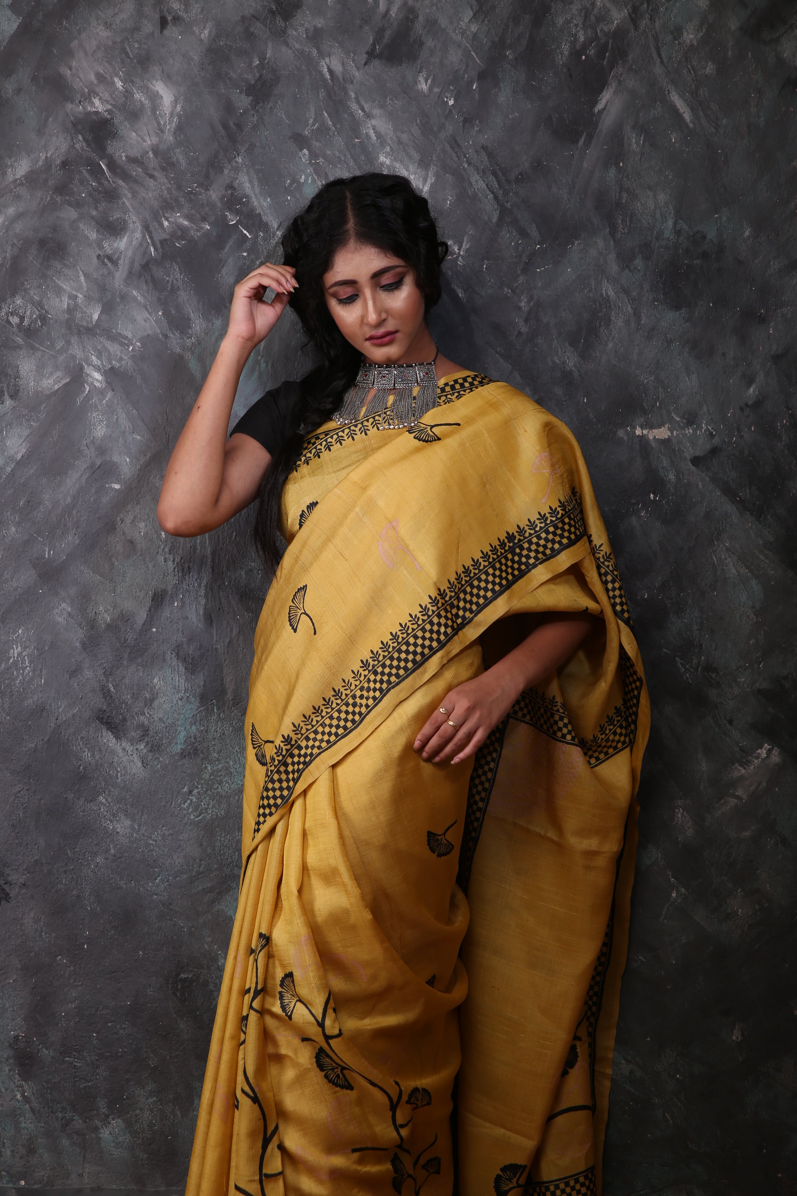 Mustard Yellow Color Tussar saree with black prints