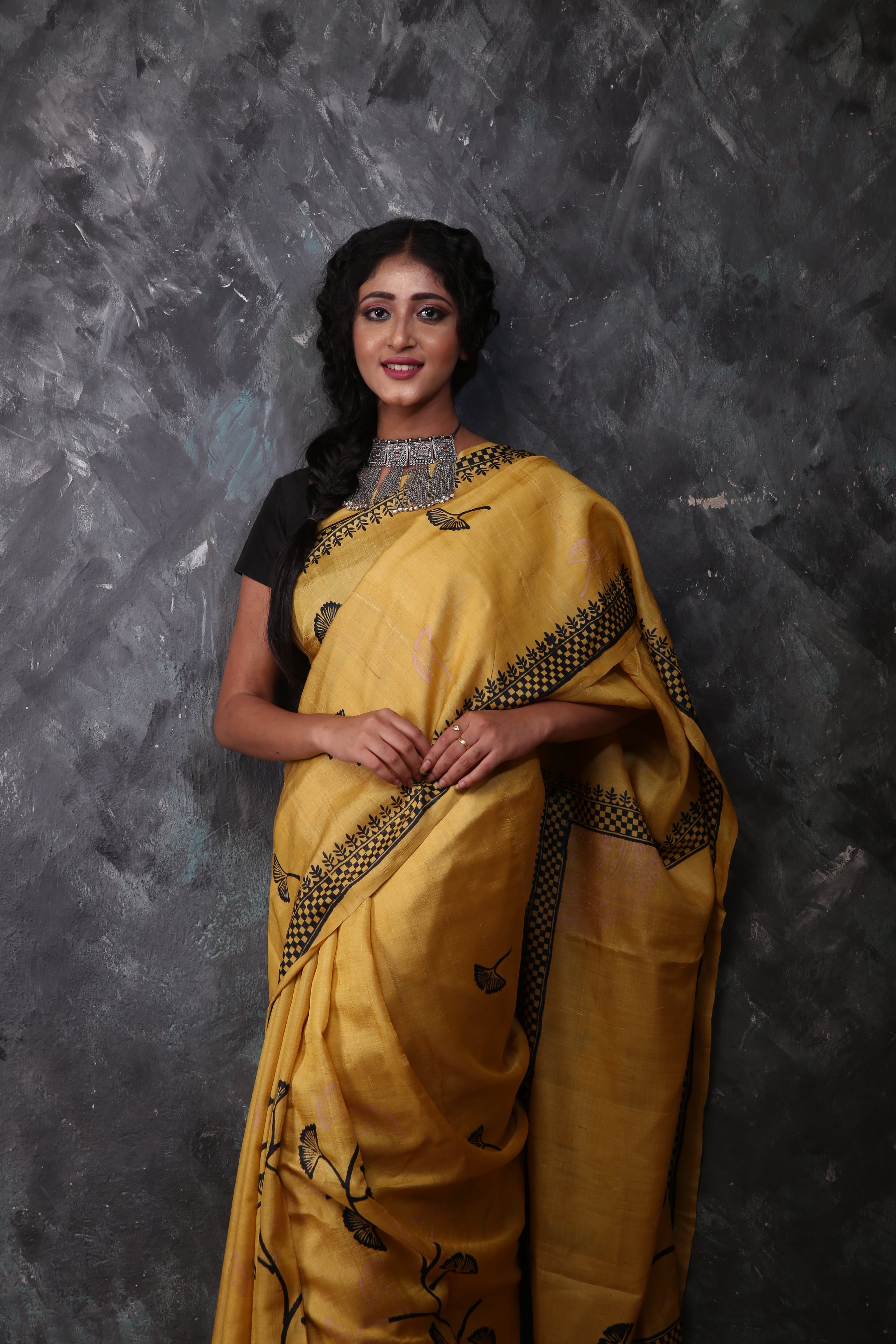 Mustard Yellow Color Tussar saree with black prints