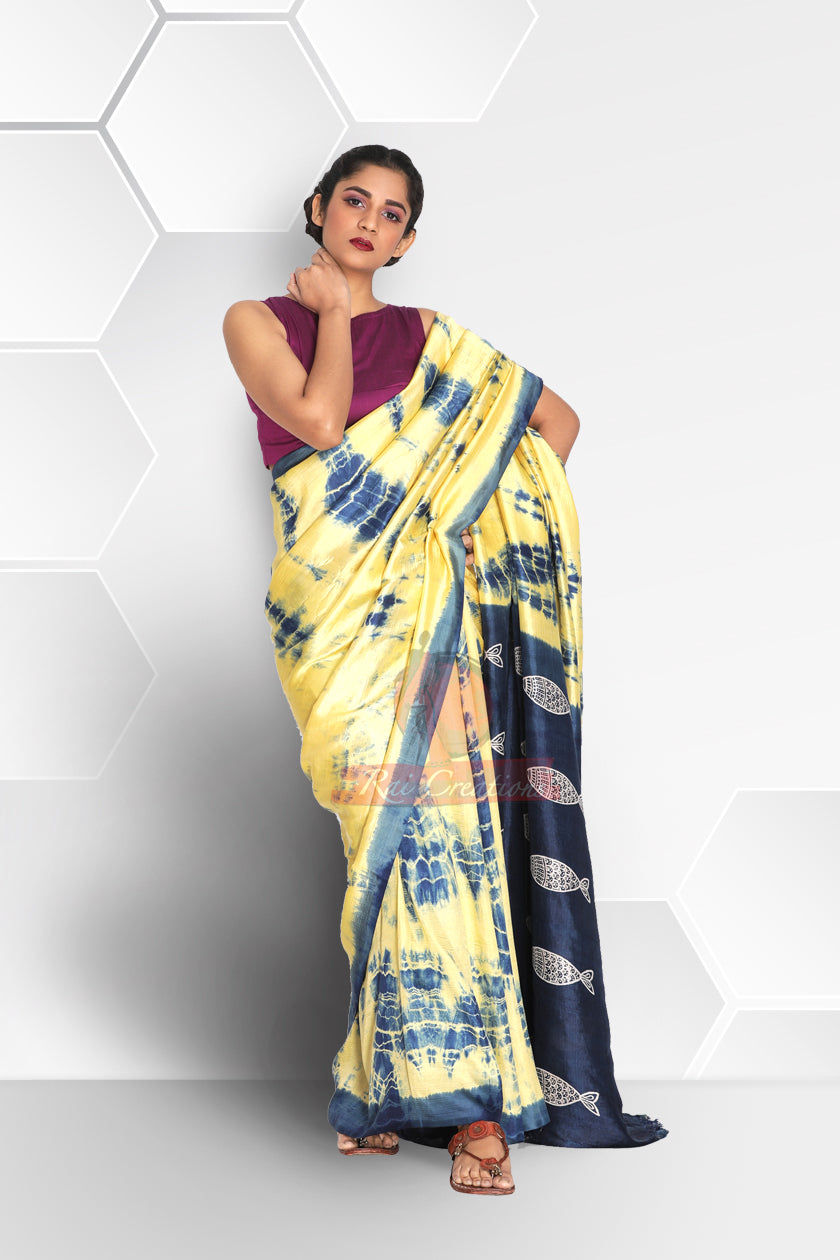 Tie and Die Saree with Fish Motif on Pallu
