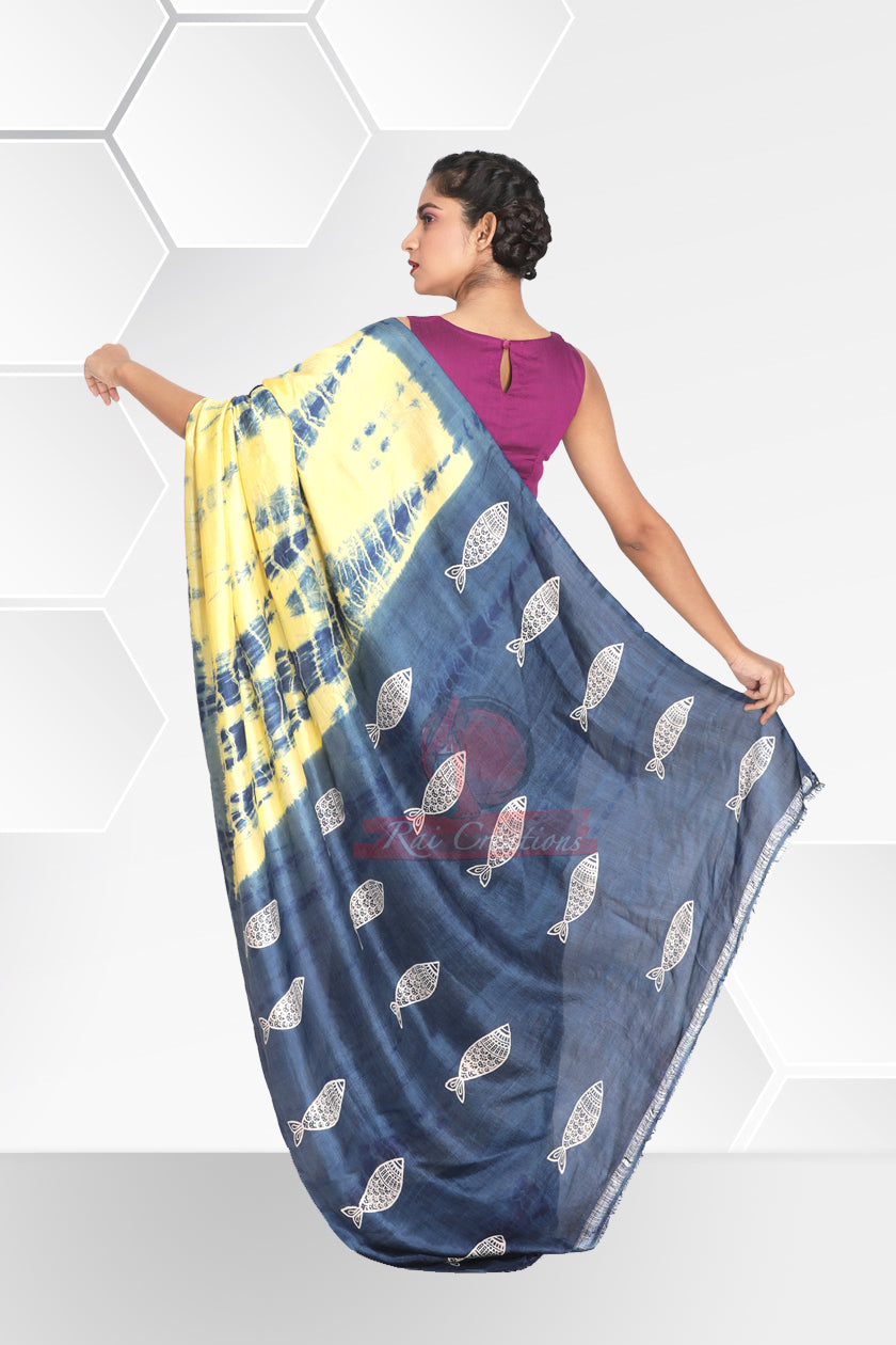 Tie and Die Saree with Fish Motif on Pallu