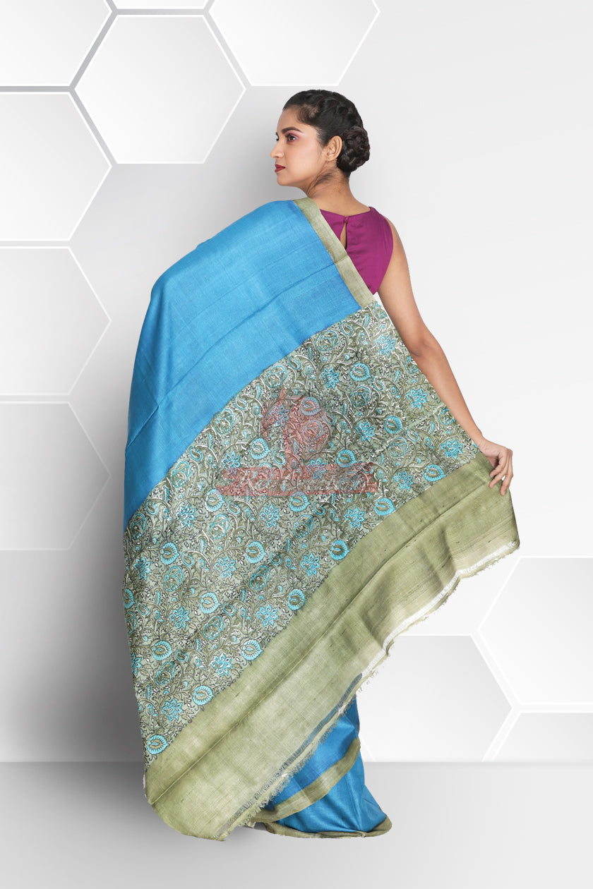 Turquoise Color Block Printed Tussar Silk