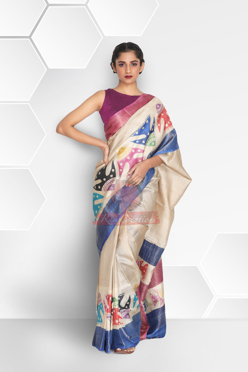 Hand Painted Zari Border Tussar Silk