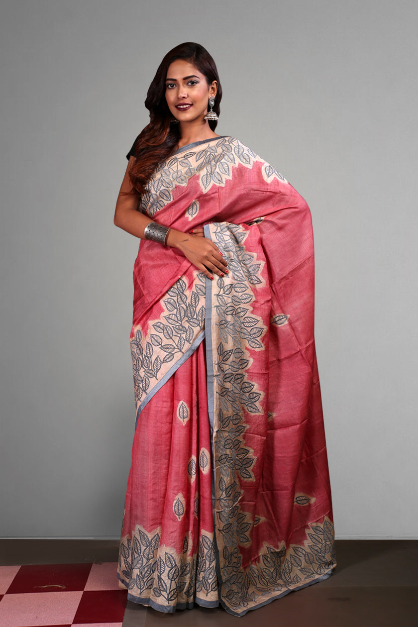 Pink Peach Tussar Embroidery Saree